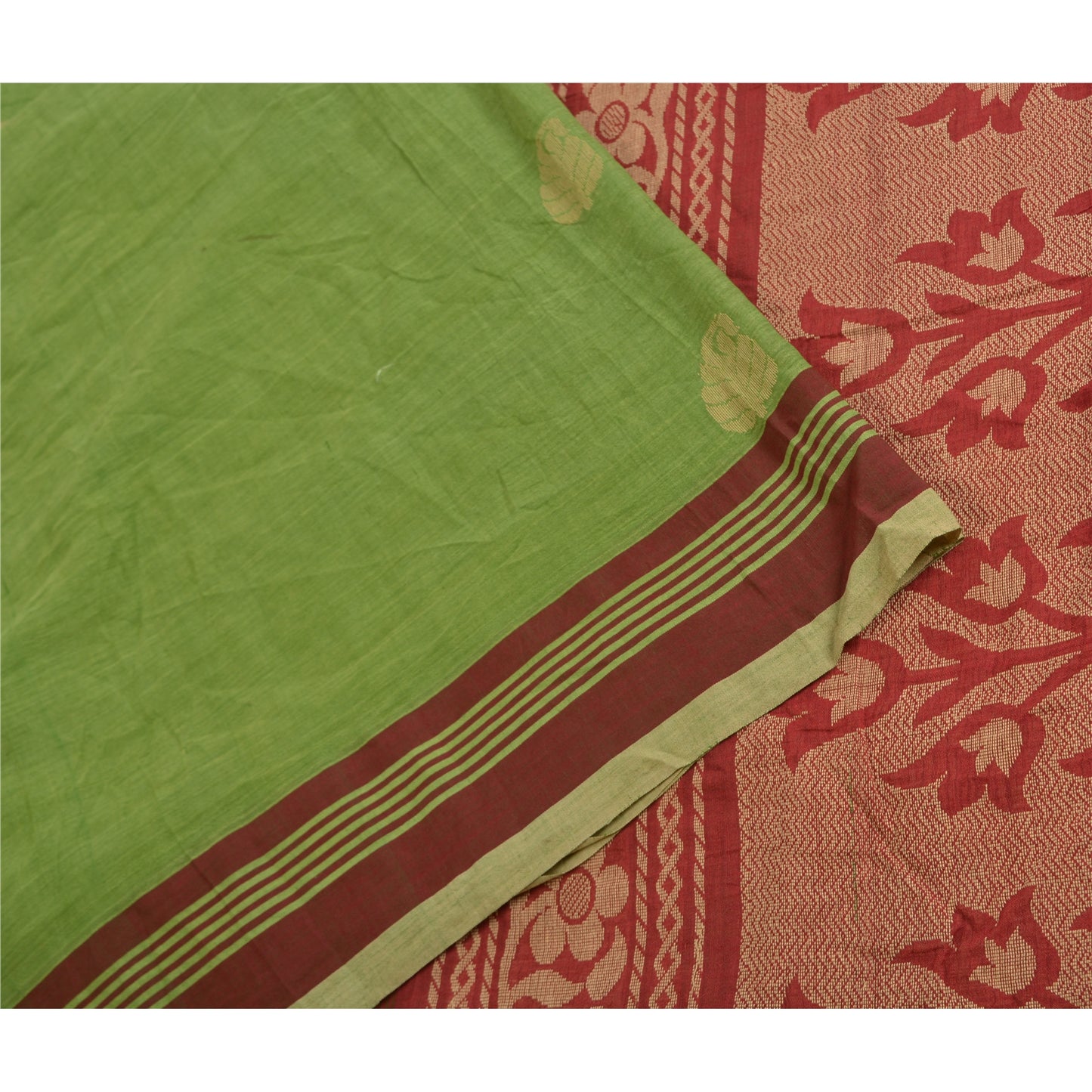 Sanskriti Vintage Sarees Green/Red Hand-Woven Pure Cotton Sari 5yd Craft Sustainable Fabric