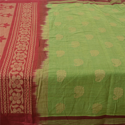 Sanskriti Vintage Sarees Green/Red Hand-Woven Pure Cotton Sari 5yd Craft Sustainable Fabric