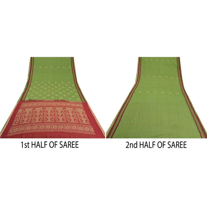 Sanskriti Vintage Sarees Green/Red Hand-Woven Pure Cotton Sari 5yd Craft Sustainable Fabric