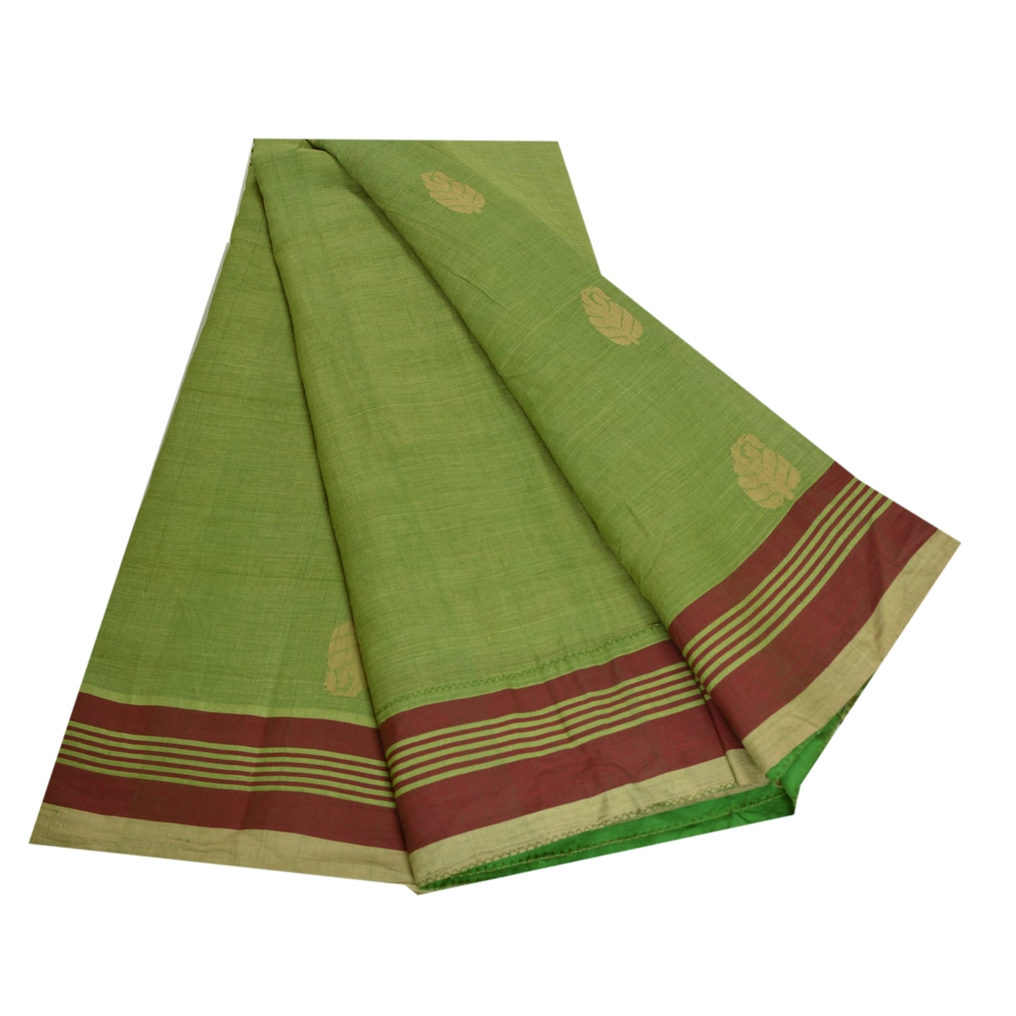Sanskriti Vintage Sarees Green/Red Hand-Woven Pure Cotton Sari 5yd Craft Sustainable Fabric