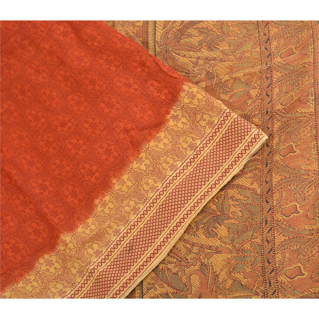 Sanskriti Vintage Sarees Orange Animal Printed Pure Cotton Sari 5yd Craft Fabric