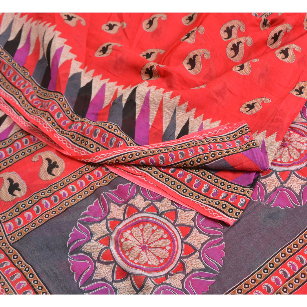 Sanskriti Vintage Sarees Red 100% Pure Cotton Printed Sari Soft 5yd Craft Fabric