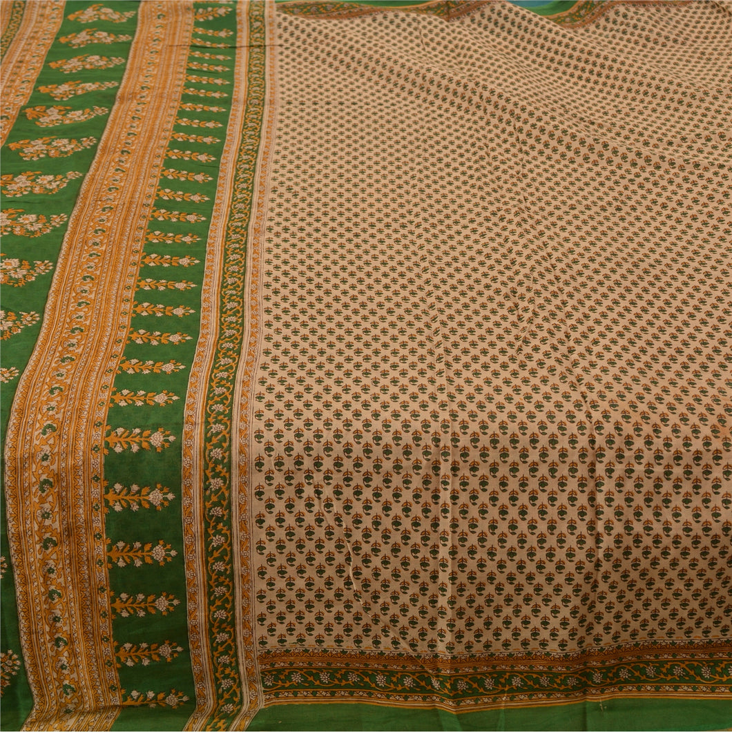 Sanskriti Vintage Sarees Indian Cream 100% Pure Cotton Printed Sari Craft Fabric