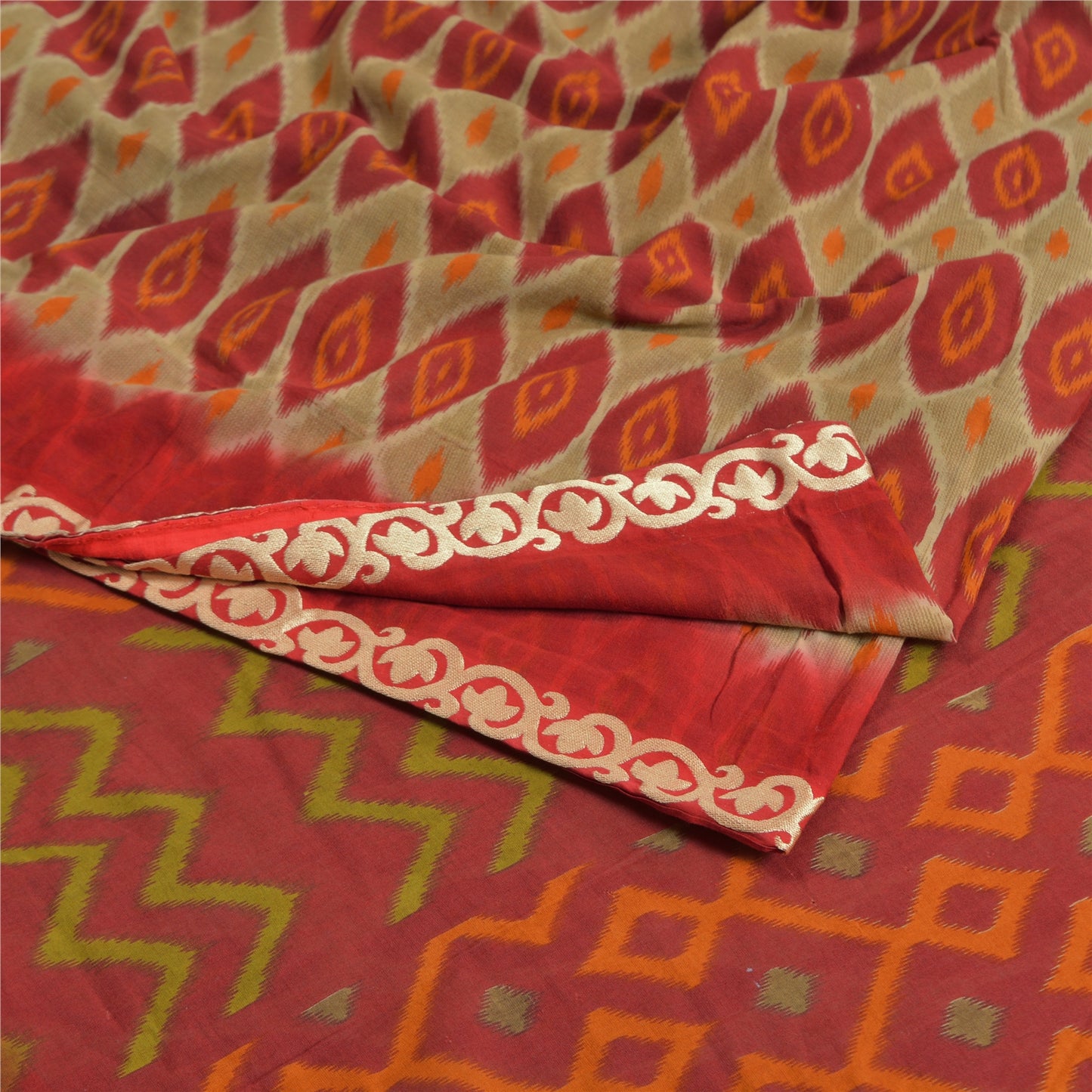 Sanskriti Vintage Sarees Indian Red Ikat Printed Pure Cotton Sari Craft Sustainable Fabric