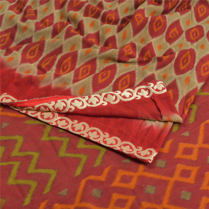 Sanskriti Vintage Sarees Indian Red Ikat Printed Pure Cotton Sari Craft Sustainable Fabric