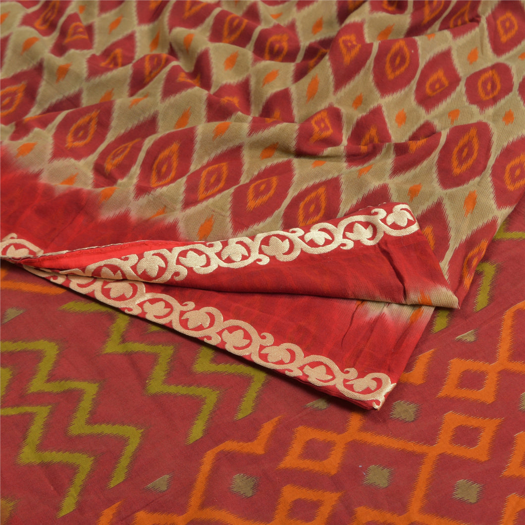 Sanskriti Vintage Sarees Indian Red Ikat Printed Pure Cotton Sari Craft Fabric