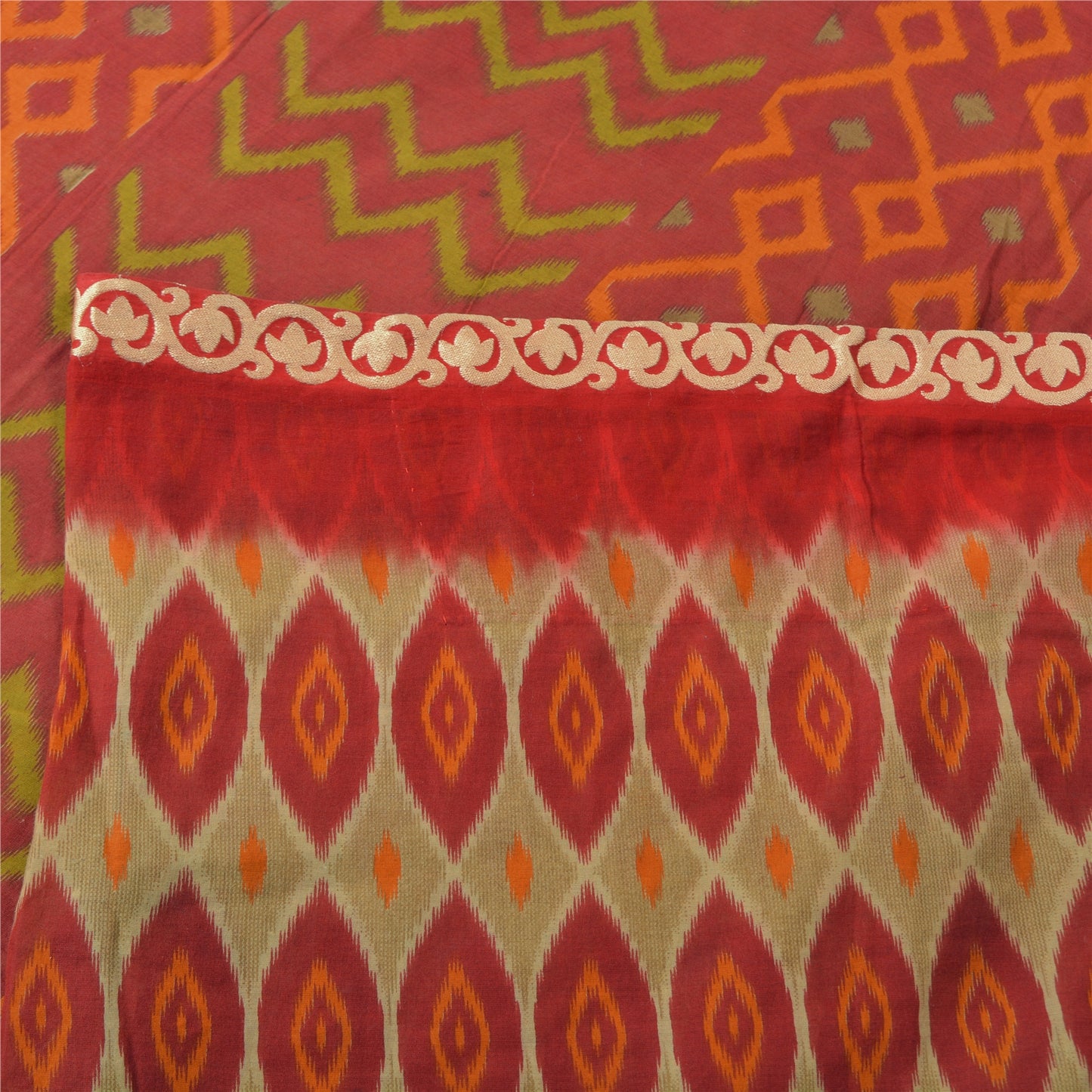 Sanskriti Vintage Sarees Indian Red Ikat Printed Pure Cotton Sari Craft Sustainable Fabric