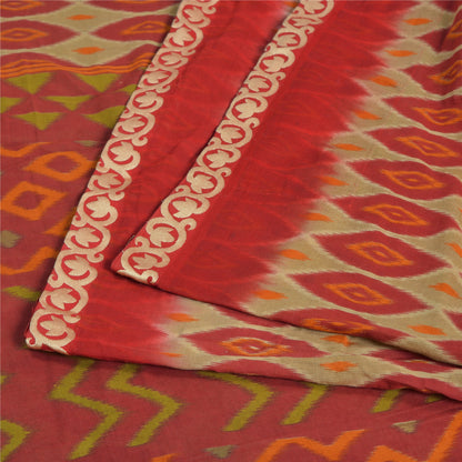 Sanskriti Vintage Sarees Indian Red Ikat Printed Pure Cotton Sari Craft Sustainable Fabric