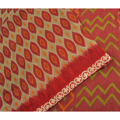 Sanskriti Vintage Sarees Indian Red Ikat Printed Pure Cotton Sari Craft Sustainable Fabric