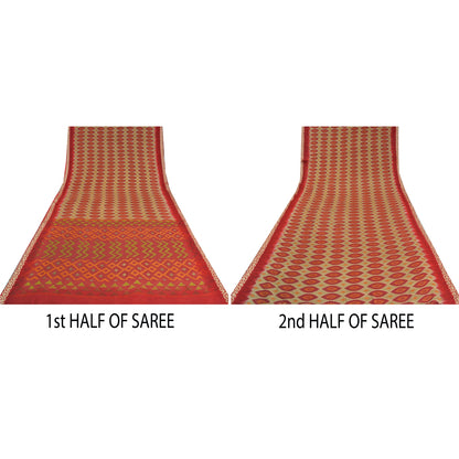Sanskriti Vintage Sarees Indian Red Ikat Printed Pure Cotton Sari Craft Sustainable Fabric