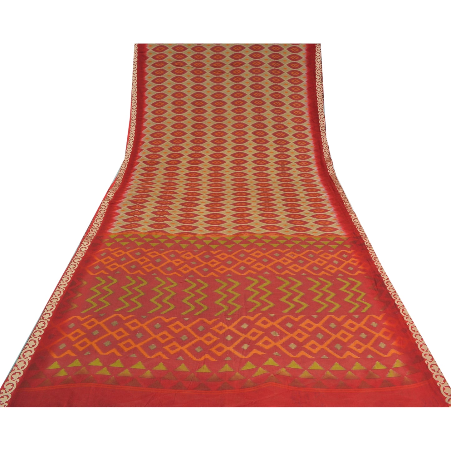 Sanskriti Vintage Sarees Indian Red Ikat Printed Pure Cotton Sari Craft Sustainable Fabric