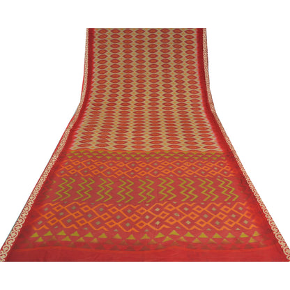 Sanskriti Vintage Sarees Indian Red Ikat Printed Pure Cotton Sari Craft Sustainable Fabric
