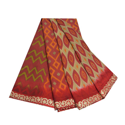 Sanskriti Vintage Sarees Indian Red Ikat Printed Pure Cotton Sari Craft Sustainable Fabric