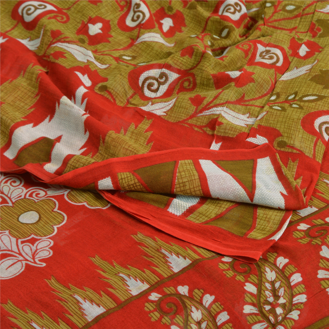 Sanskriti Vintage Sarees Indian Green/Red Pure Cotton Printed Sari Craft Fabric