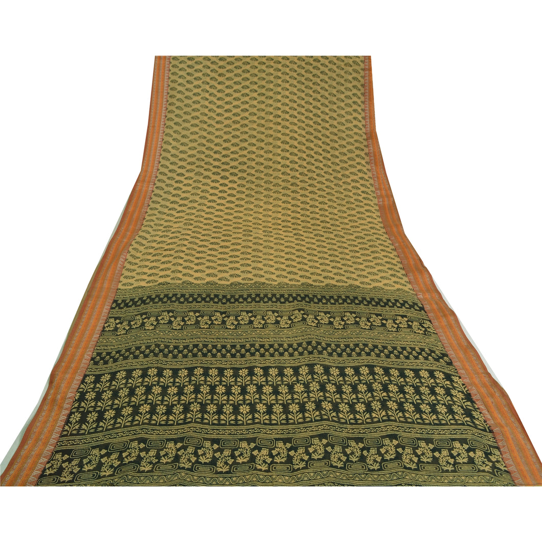 Sanskriti Vintage Sarees Cream/Black Block Printed Pure Cotton Sari Craft Fabric
