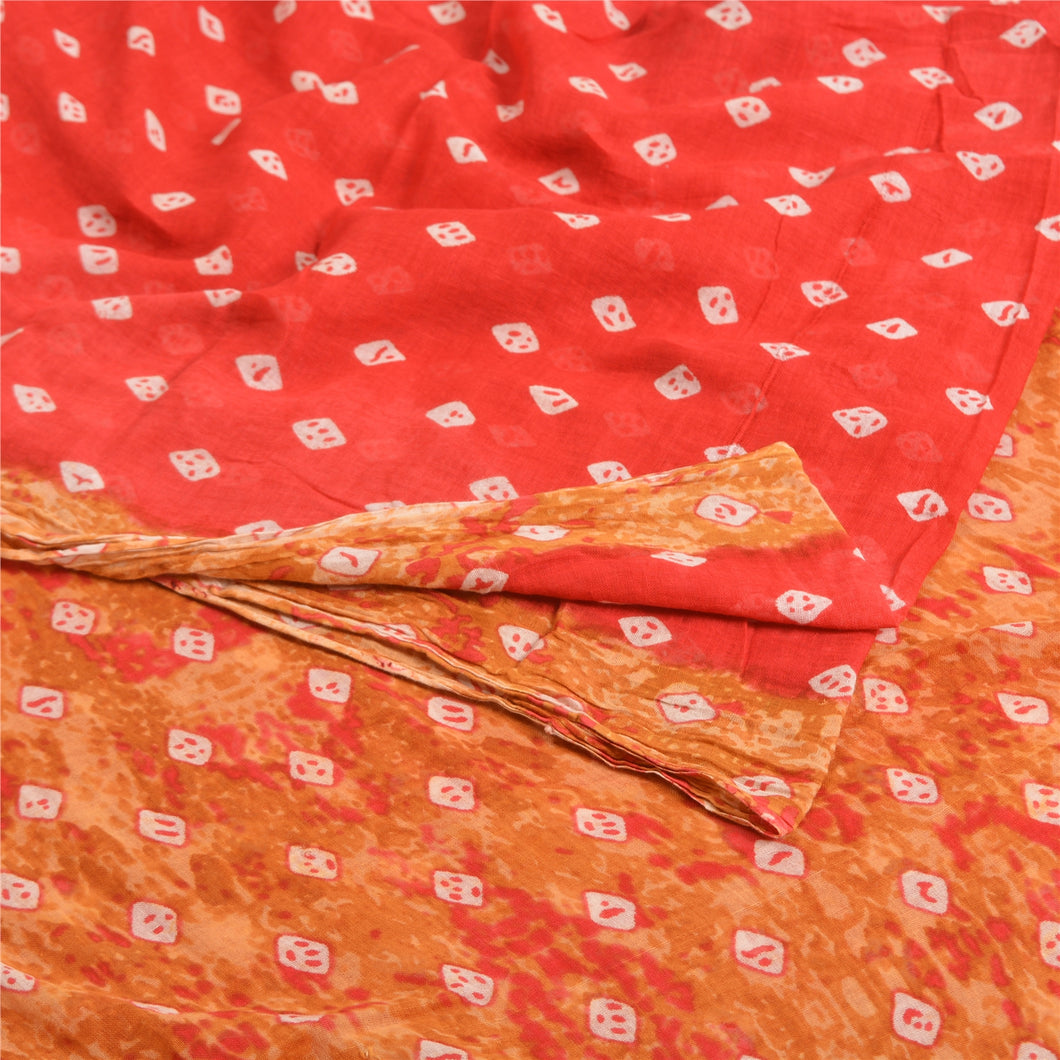 Sanskriti Vintage Sarees Red/Brown Bandhani Print Pure Cotton Sari Craft Fabric