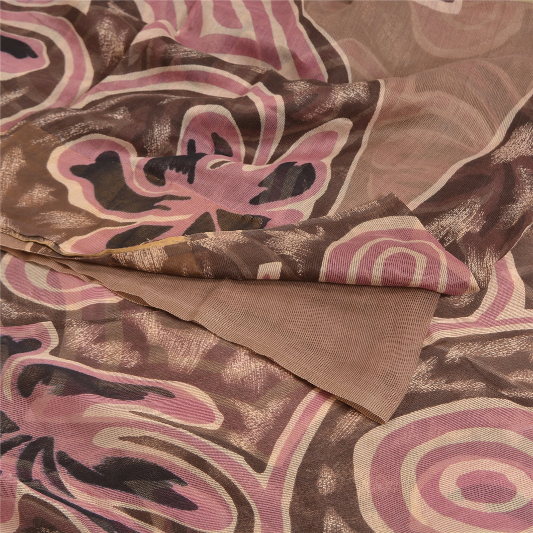Sanskriti Vintage Sarees Indian Brown/Pink Printed Pure Cotton Sari Craft Fabric