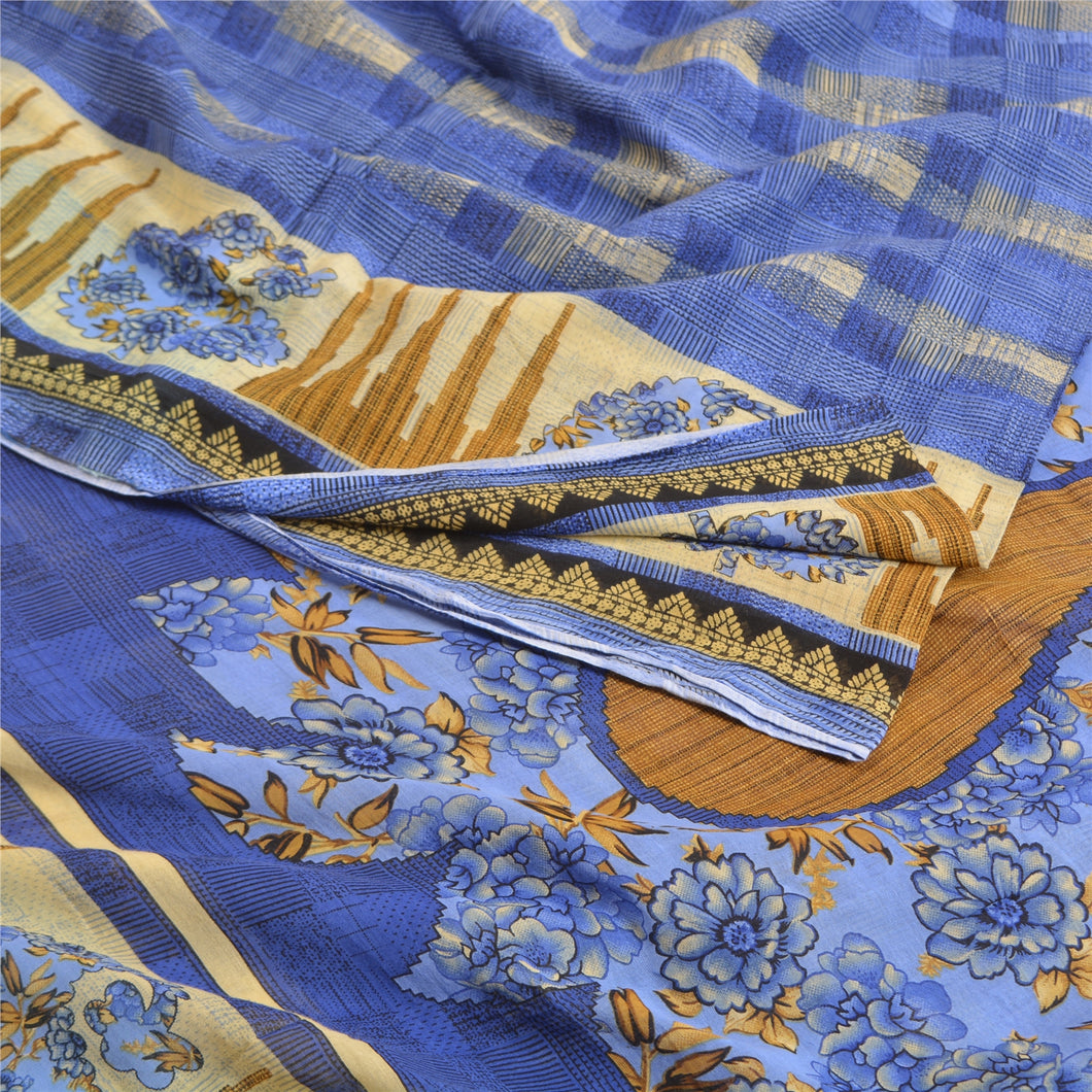 Sanskriti Vintage Sarees Indian Blue Pure Cotton Printed Sari 5yd Craft Fabric