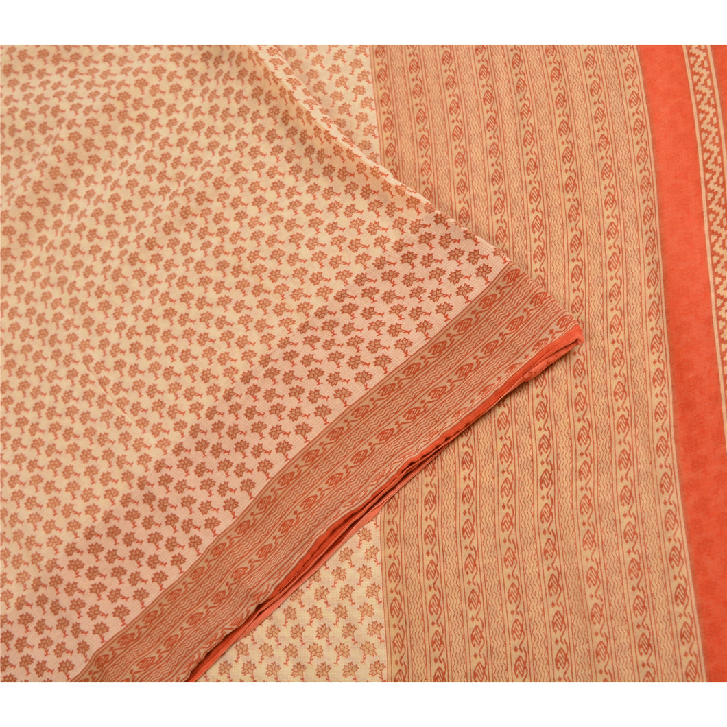 Sanskriti Vintage Sarees Cream/Orange Printed Pure Cotton Sari 5yd Craft Fabric