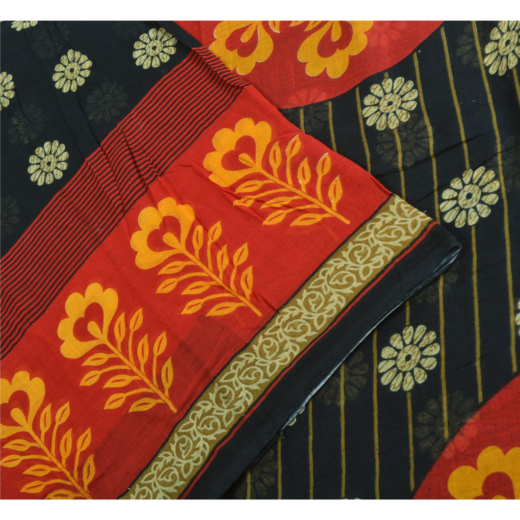 Sanskriti Vintage Sarees Indian Black/Red Pure Cotton Printed Sari Craft Fabric