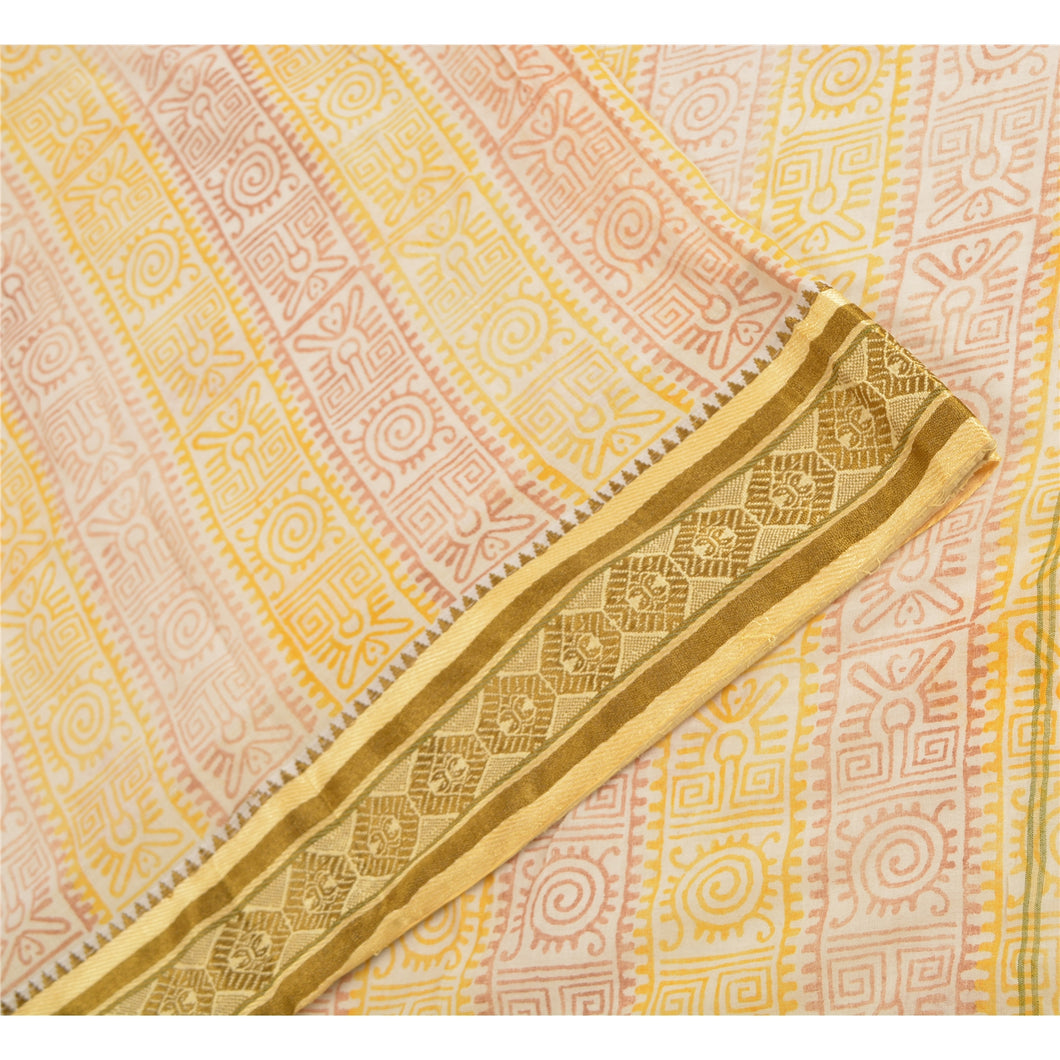 Sanskriti Vintage Sarees Ivory Hand Block Printed Pure Cotton Sari Craft Fabric