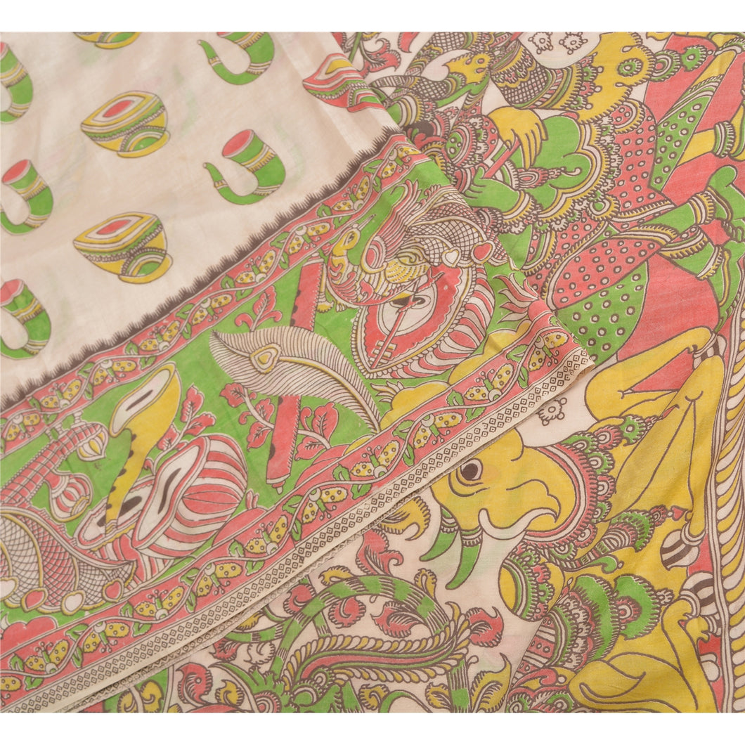 Sanskriti Vintage Sarees Cream Handmade Kalamkari Print Pure Cotton Sari Fabric