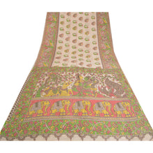 Load image into Gallery viewer, Sanskriti Vintage Sarees Cream Handmade Kalamkari Print Pure Cotton Sari Fabric
