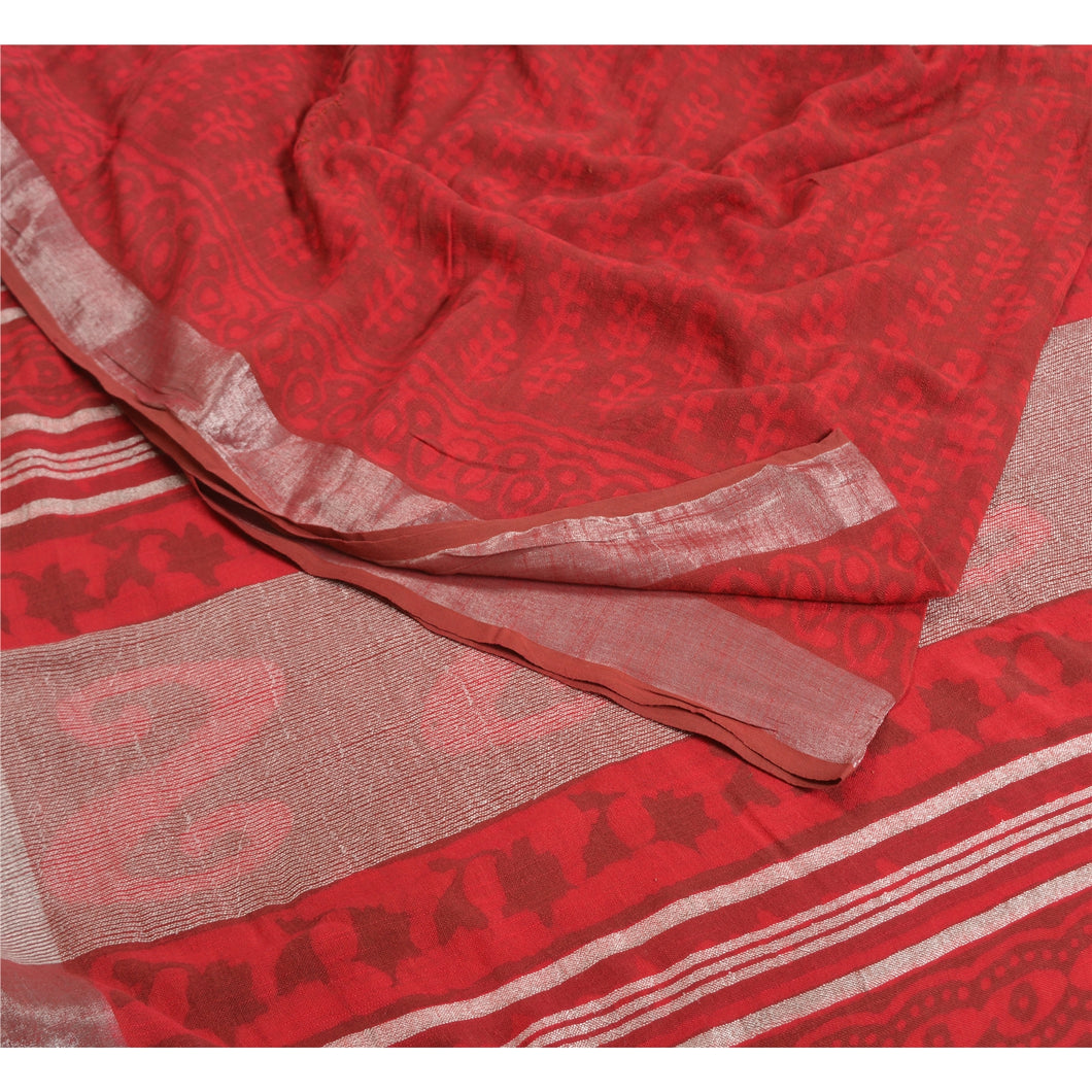 Sanskriti Vintage Sarees Red/Brown HandBlock Print Woven Pure Cotton Sari Fabric