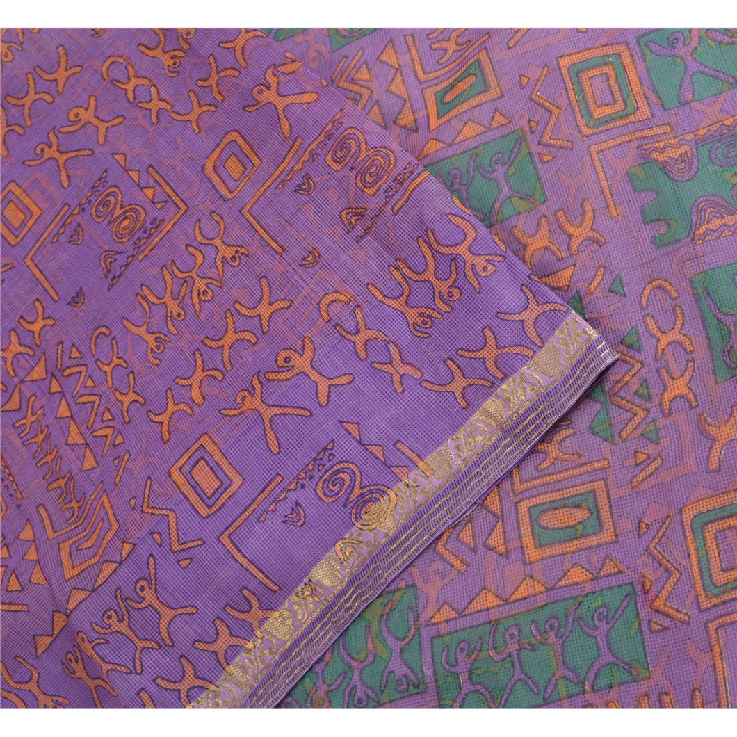 Sanskriti Vintage Sarees Purple Printed Kota Woven Pure Cotton Sari Craft Fabric
