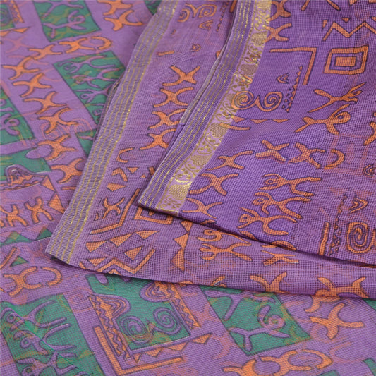Sanskriti Vintage Sarees Lilla Trykt Kota Vævet Ren Bomuld Sari Håndværksmæssigt Bæredygtigt Stoff