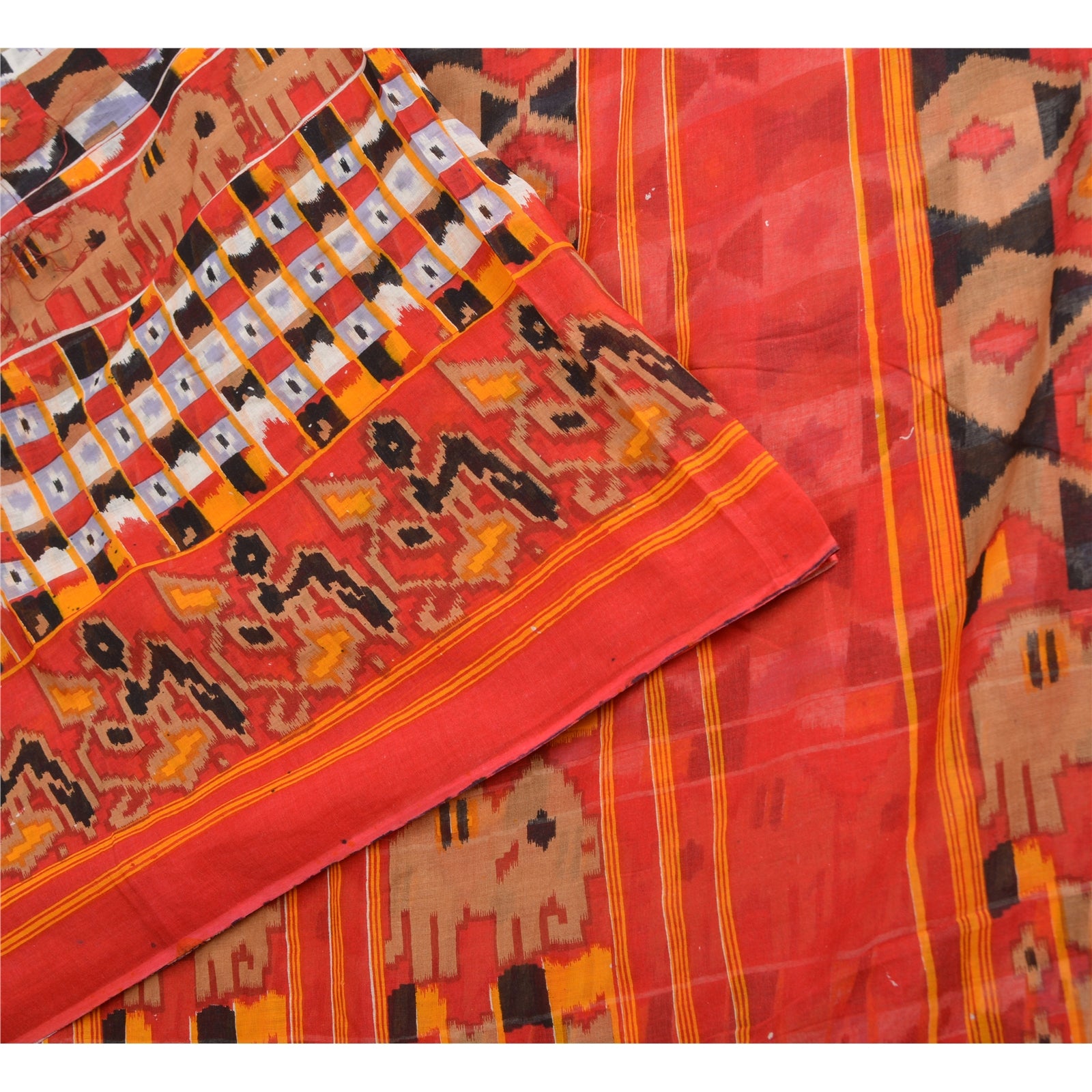 Sanskriti Vintage Sarees Red Patan Patola Print Pure Cotton Sari Craft Sustainable Fabric