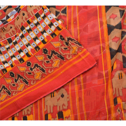 Sanskriti Vintage Sarees Red Patan Patola Print Pure Cotton Sari Craft Sustainable Fabric