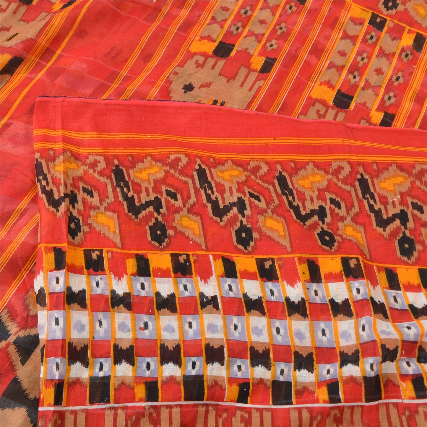 Sanskriti Vintage Sarees Red Patan Patola Print Pure Cotton Sari Craft Sustainable Fabric
