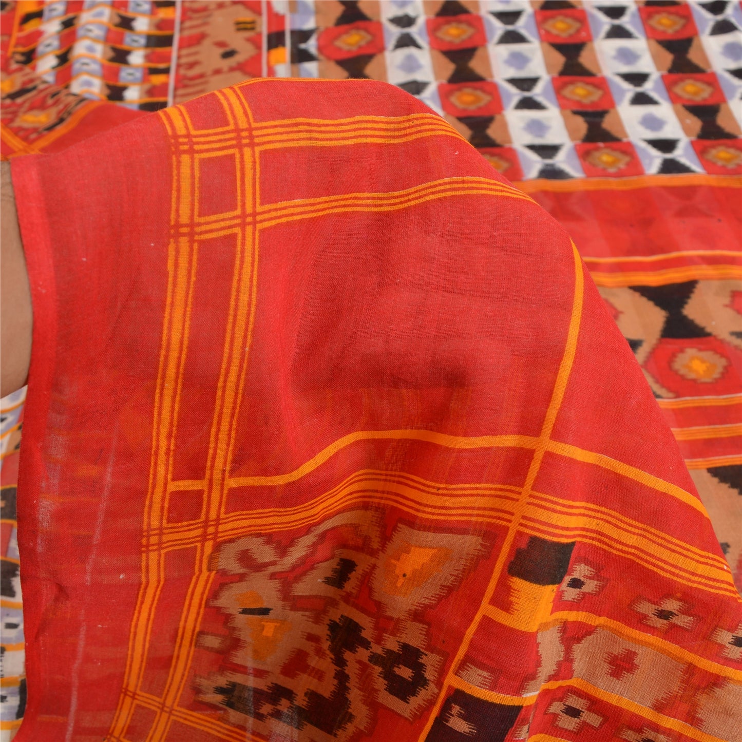Sanskriti Vintage Sarees Red Patan Patola Print Pure Cotton Sari Craft Sustainable Fabric