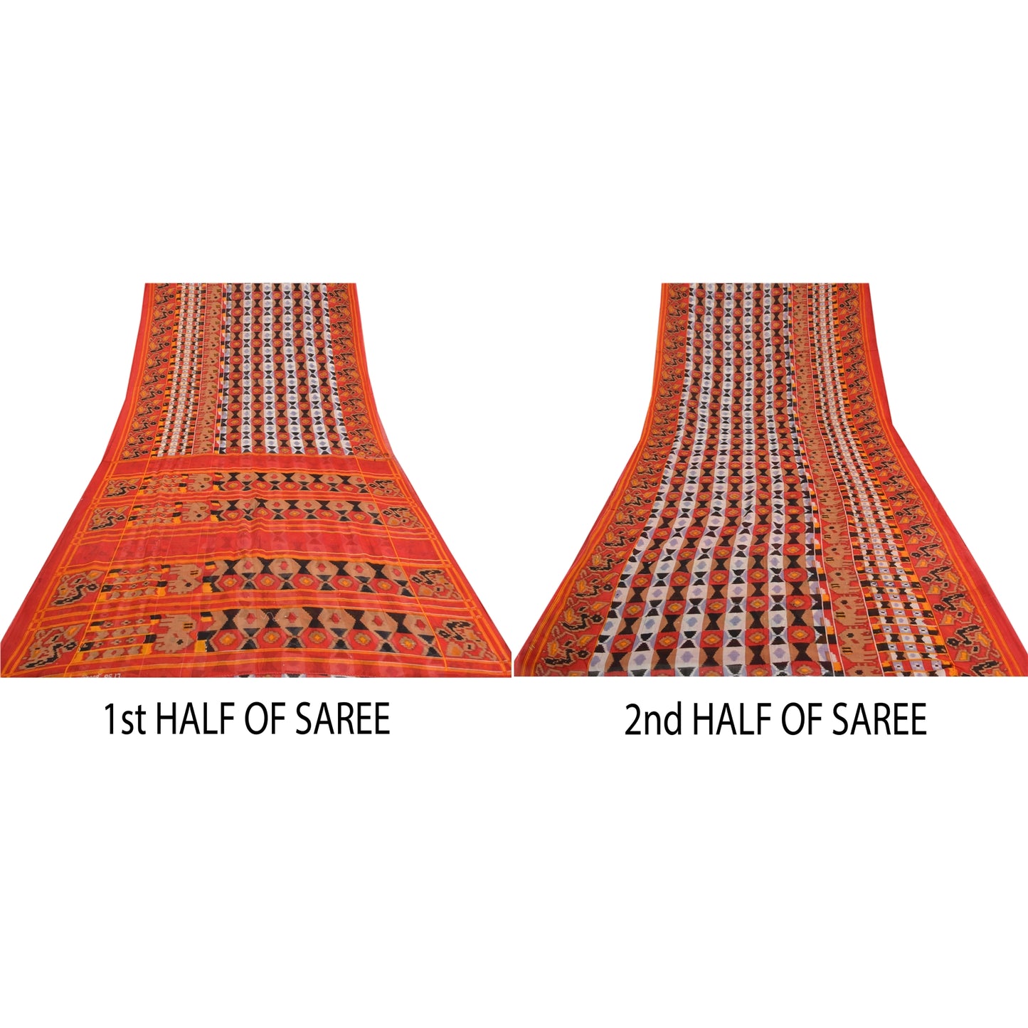 Sanskriti Vintage Sarees Red Patan Patola Print Pure Cotton Sari Craft Sustainable Fabric