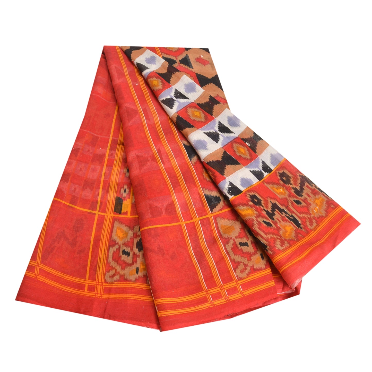 Sanskriti Vintage Sarees Red Patan Patola Print Pure Cotton Sari Craft Sustainable Fabric
