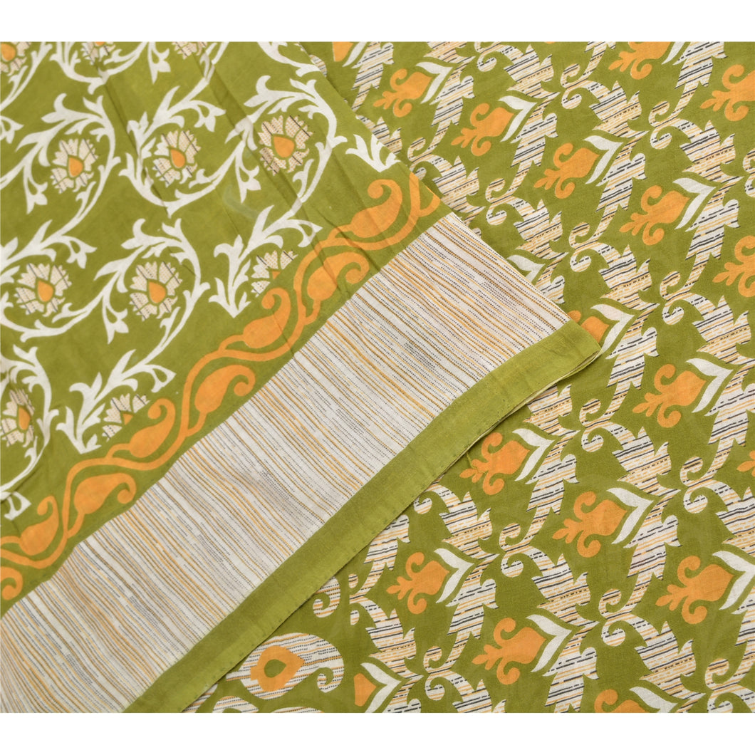 Sanskriti Vintage Sarees Indian Green Pure Cotton Printed Sari 5yd Craft Fabric