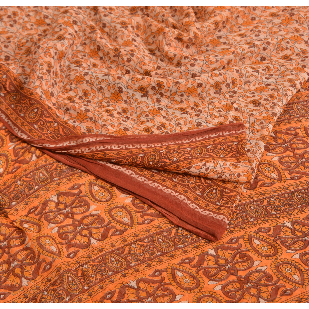 Sanskriti Vintage Sarees Indian Orange Pure Cotton Printed Sari 5YD Craft Fabric