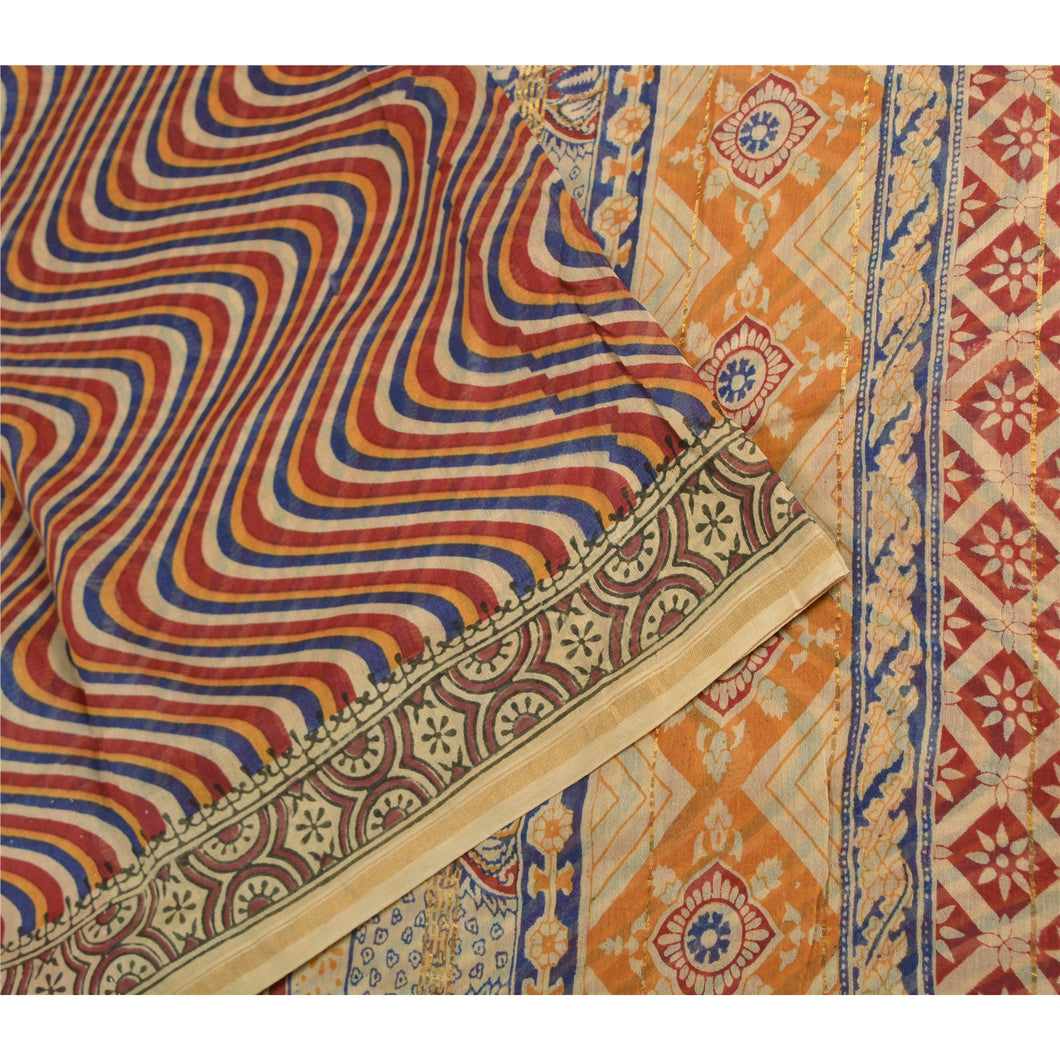 Sanskriti Vintage Sarees Multi Hand Block Printed Zari Pure Cotton Sari Fabric