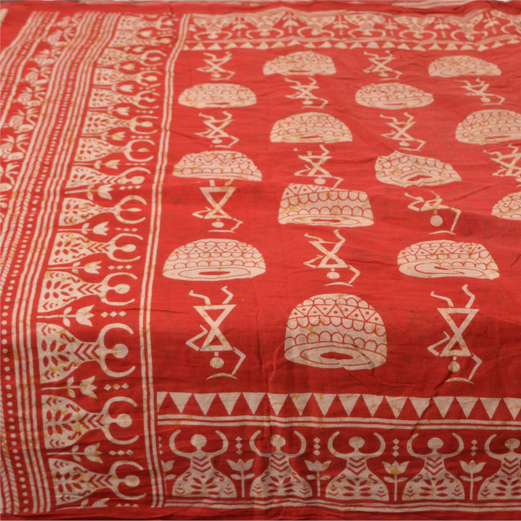 Sanskriti Vintage Sarees Red Warli Art Printed Pure Cotton Sari 5yd Craft Fabric