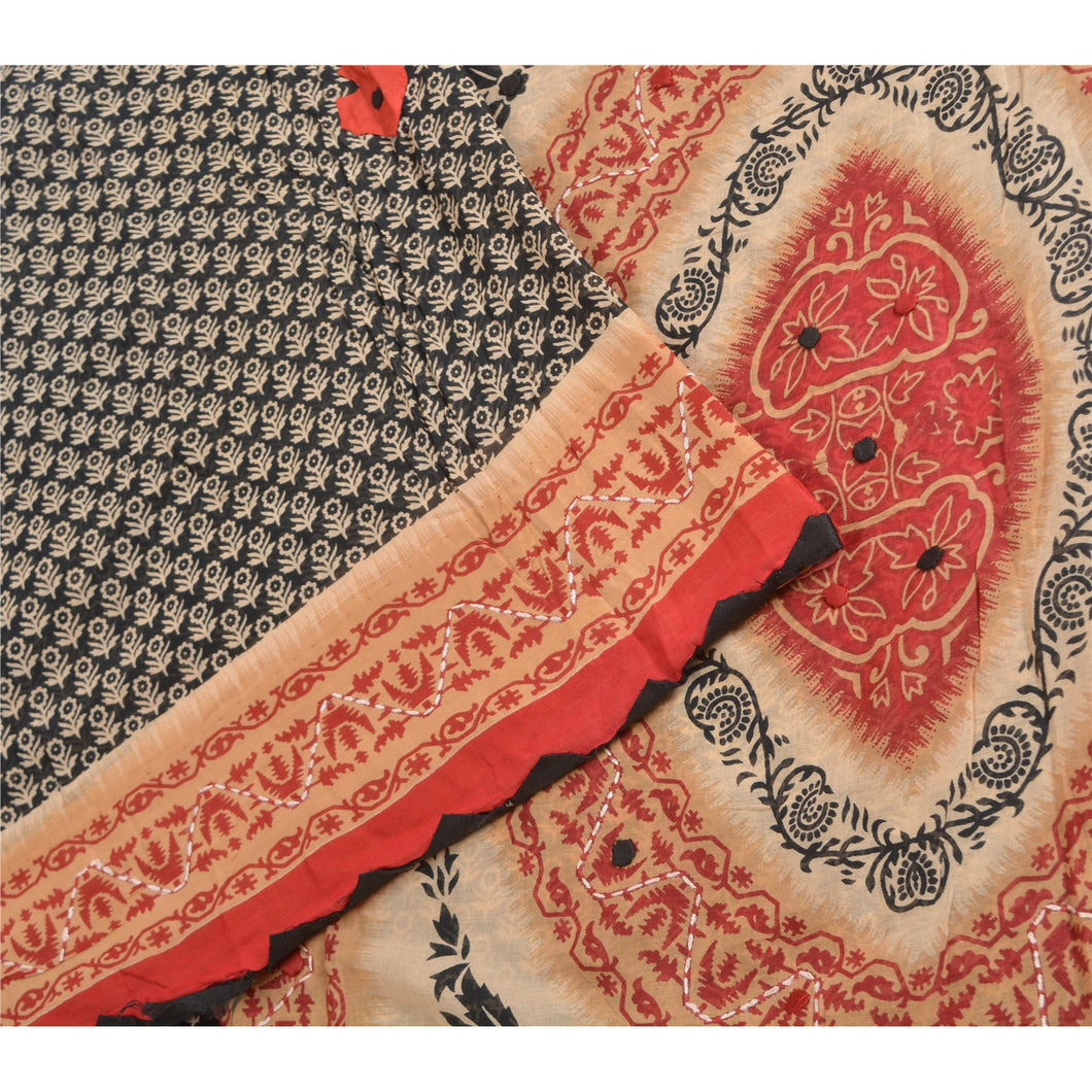 Sanskriti Vintage Sarees Indian Black Pure Cotton Printed Sari 5yd Craft Fabric