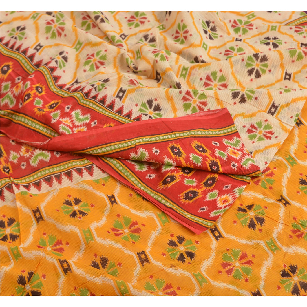 Sanskriti Vintage Sarees From India Cream Pure Cotton Printed Sari Craft Fabric