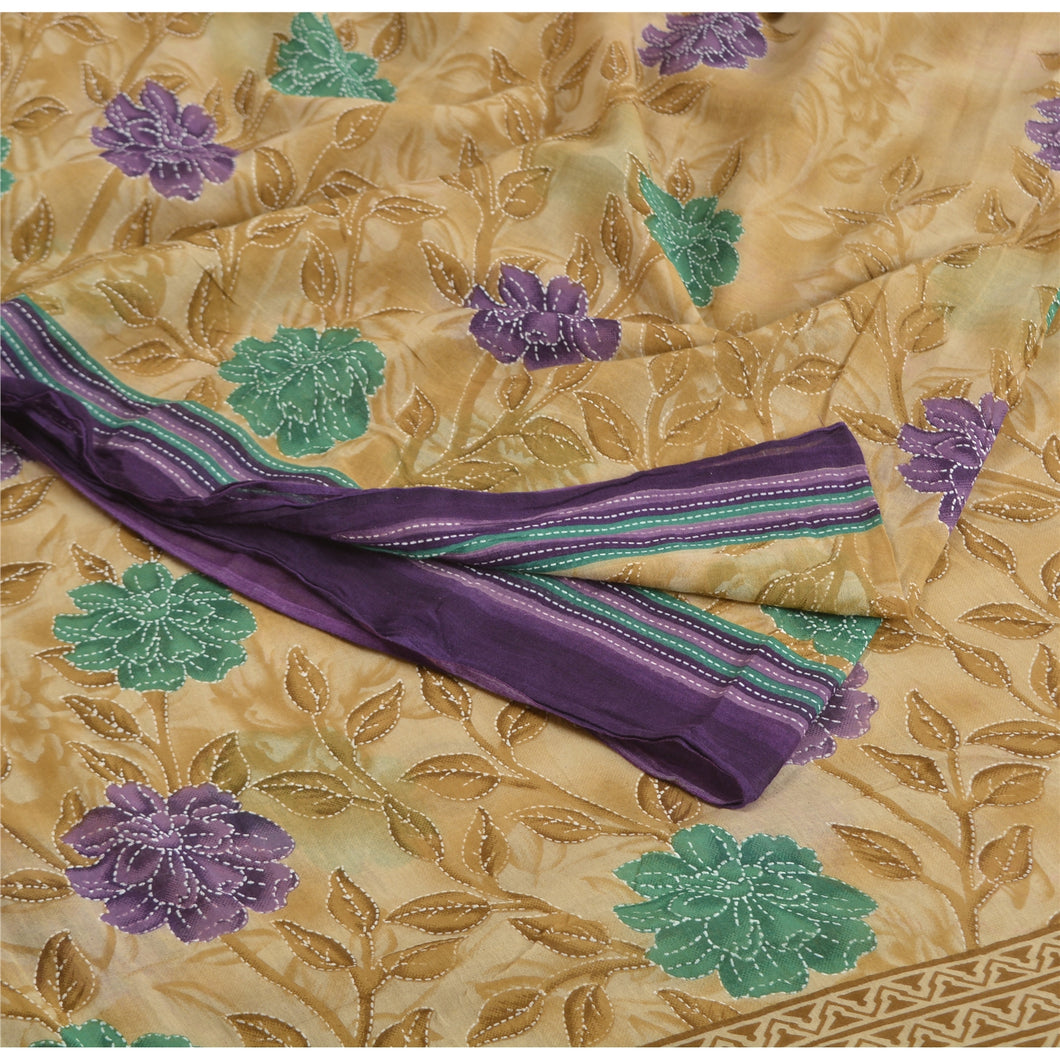 Sanskriti Vintage Sarees Cream Pure Cotton Kantha Printed Sari 5yd Craft Fabric