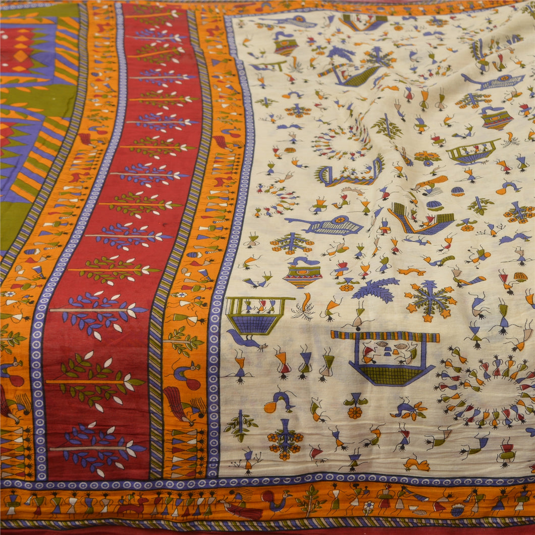Sanskriti Vintage Sarees Ivory Pure Cotton Warli Art Printed Sari Craft Fabric