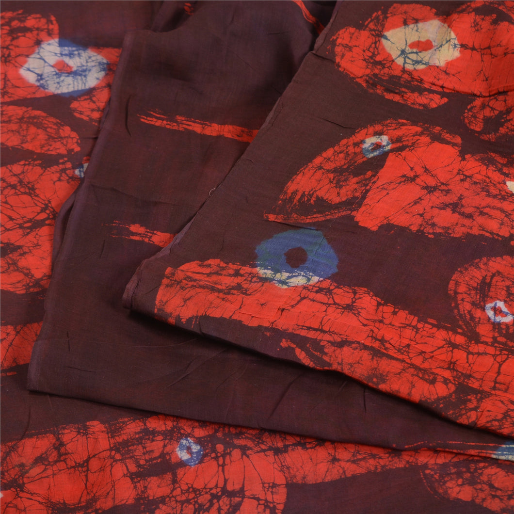 Sanskriti Vintage Sarees Brown/Red Bandhani/Batik Print Pure Cotton Sari Fabric