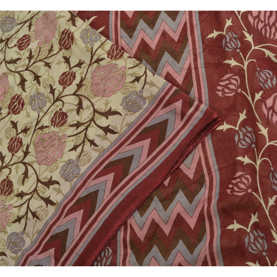 Sanskriti Vintage Sarees Pale-Cream/Red Pure Cotton Printed Sari Craft Fabric