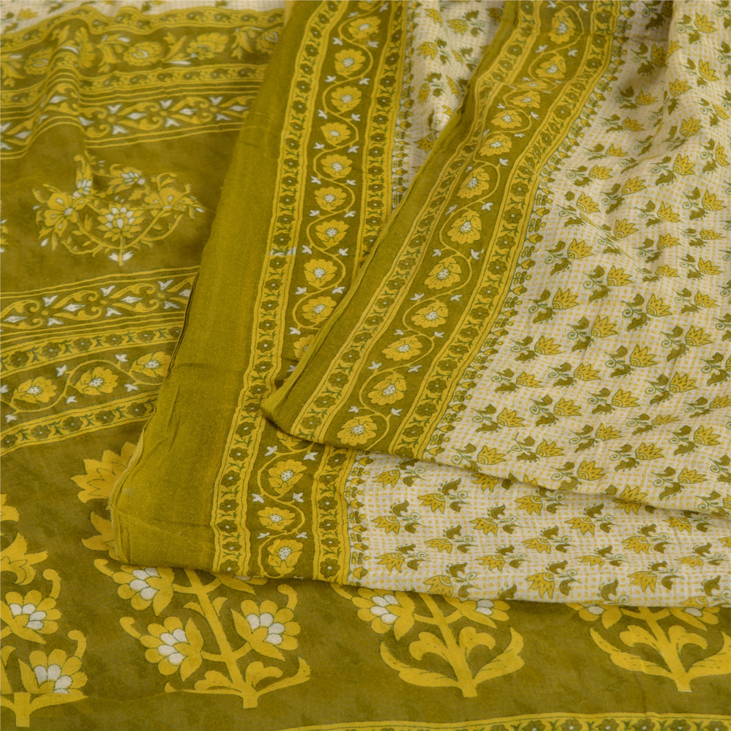 Sanskriti Vintage Green Indian Sarees 100% Pure Cotton Printed Sari Craft Fabric
