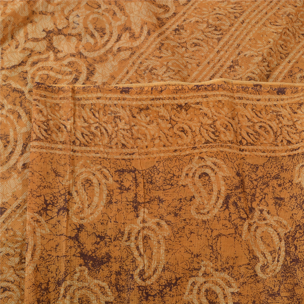 Sanskriti Vintage Sarees Indian Brown Pure Cotton Printed Sari 5yd Craft Fabric
