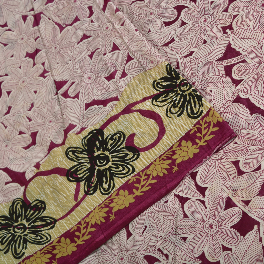 Sanskriti Vintage Sarees Purple/Ivory Pure Cotton Printed Sari 5yd Craft Fabric