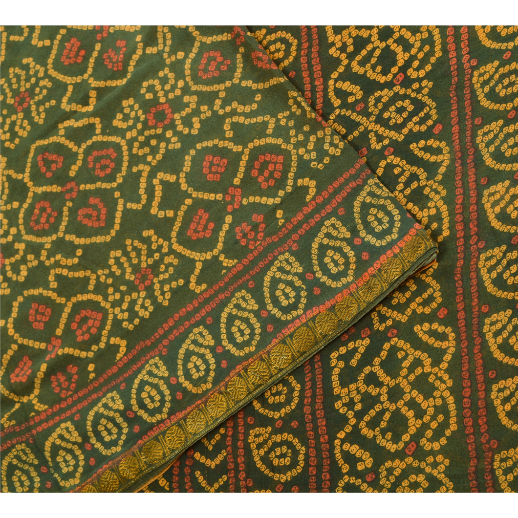 Sanskriti Vintage Sarees Green Bandhani Print Pure Cotton Sari 5yd Craft Fabric